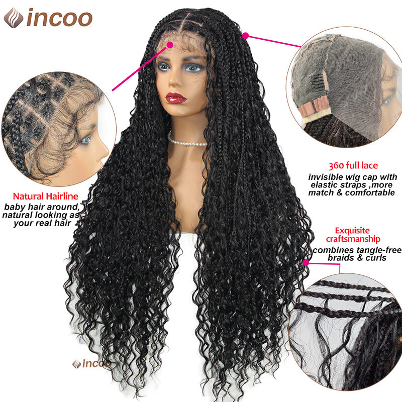 Boho Braided 360 Full Lace Frontal Wigs Wave Curly Goddess Locs Lace Braided Wig Preplucked Baby Hair Synthetic Box Braids Wig