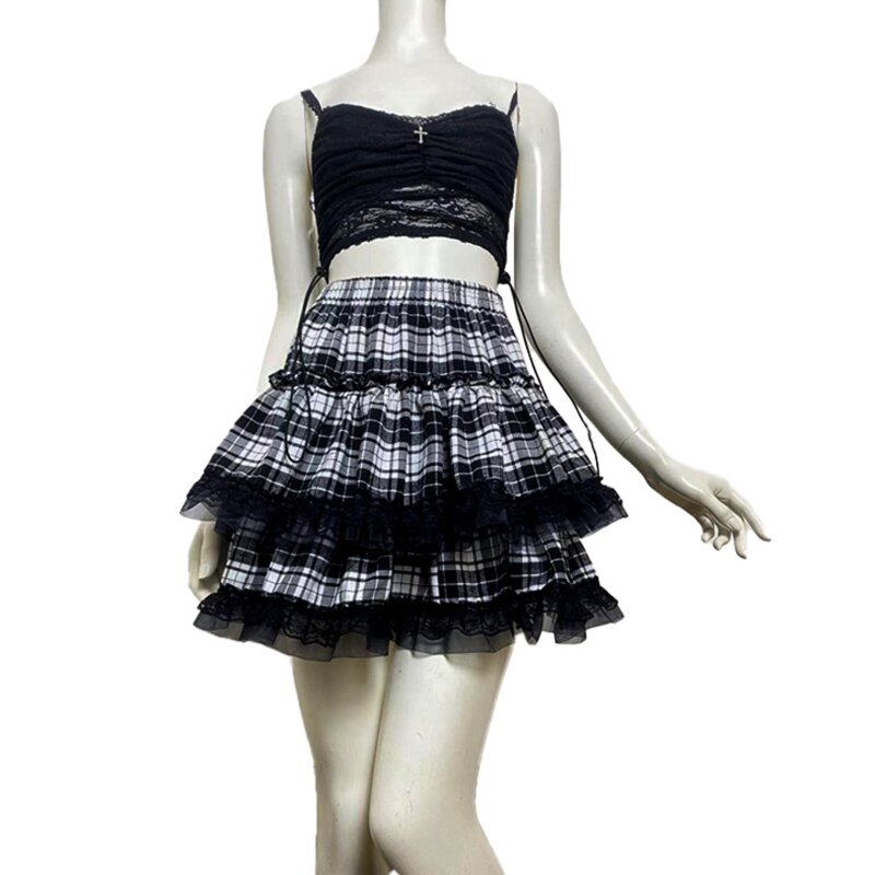 Phụ Nữ Gothic Cao Cấp Mini Váy Xếp Ly Bông Kẹp Vintage Kẻ Sọc In Tầng Xù Lông Viền Ren Loe Chữ A Dạo Phố 10CF