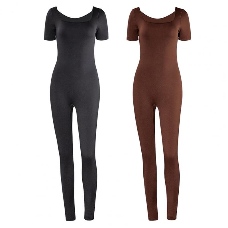 Women Summer Sports Jumpsuit Short Sleeves Skinny Elastic Playsuits Pure Color Butt-lifted Casual Gym Jogging Jumpsuit Romper