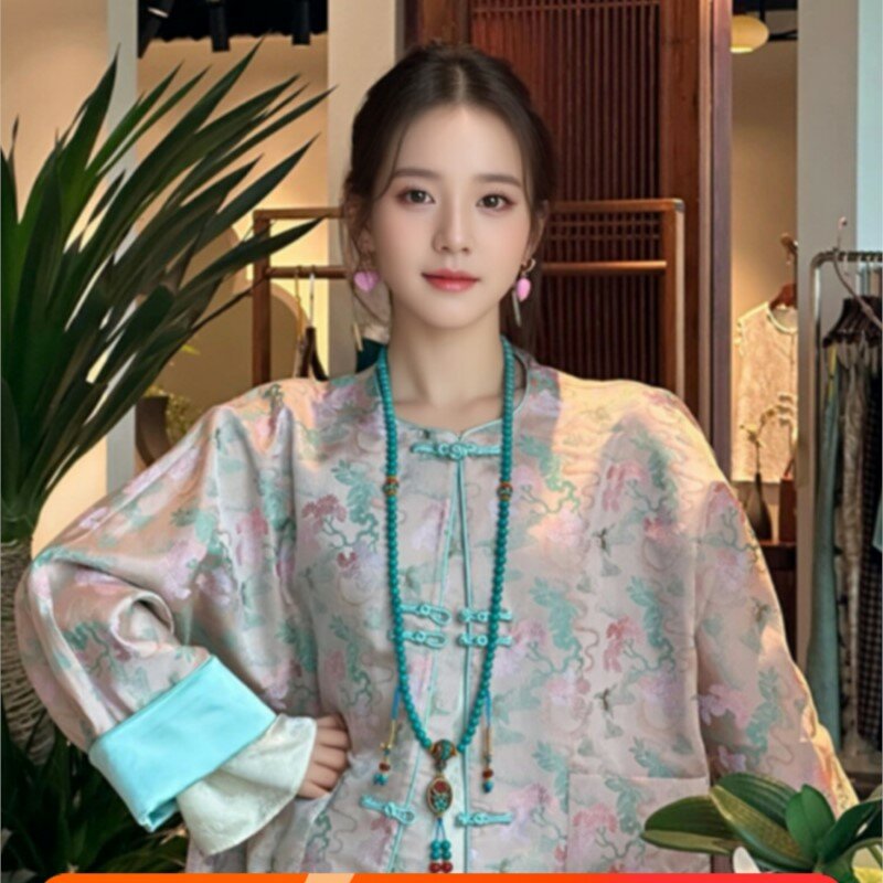 Haut de chemise à imprimé floral de style chinois pour femmes, bouton rétro, vêtements pour femmes, nouveau