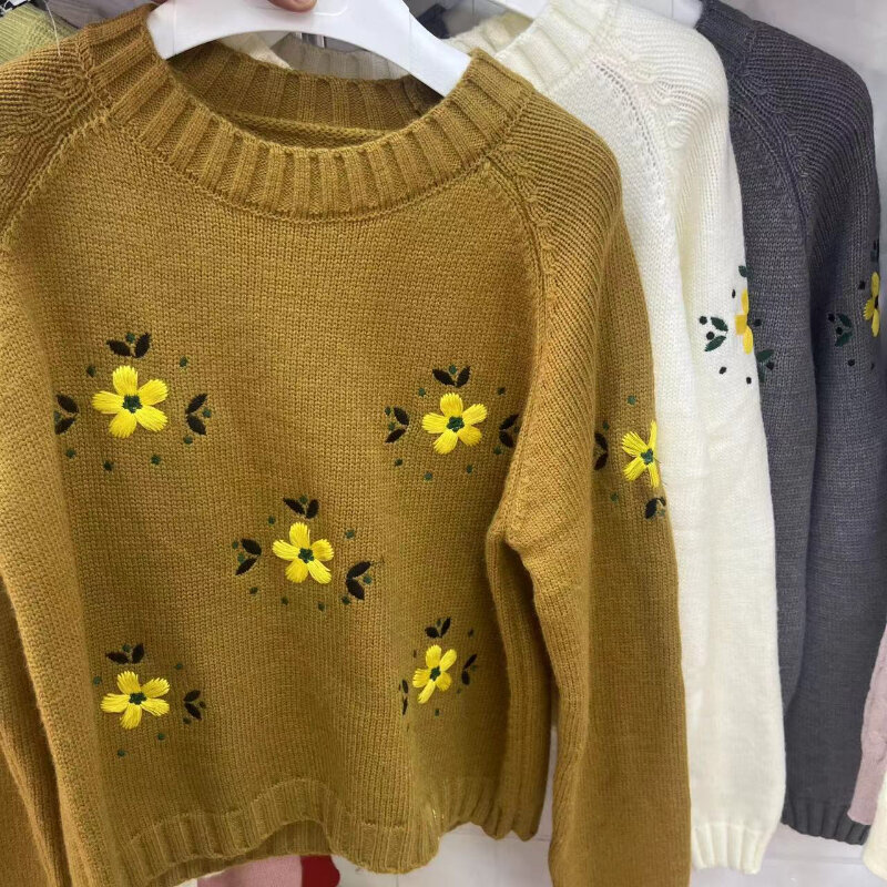 Suéter Vintage con bordado de flores para mujer, Jersey de punto de manga larga con cuello redondo, ropa de calle informal gruesa para mujer, otoño 2024