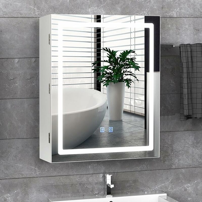 Kabinet obat kamar mandi VOWNER, dengan lampu LED dan cermin, Kabinet cermin terpasang di dinding dengan rak yang dapat disesuaikan, Penghilang, memori