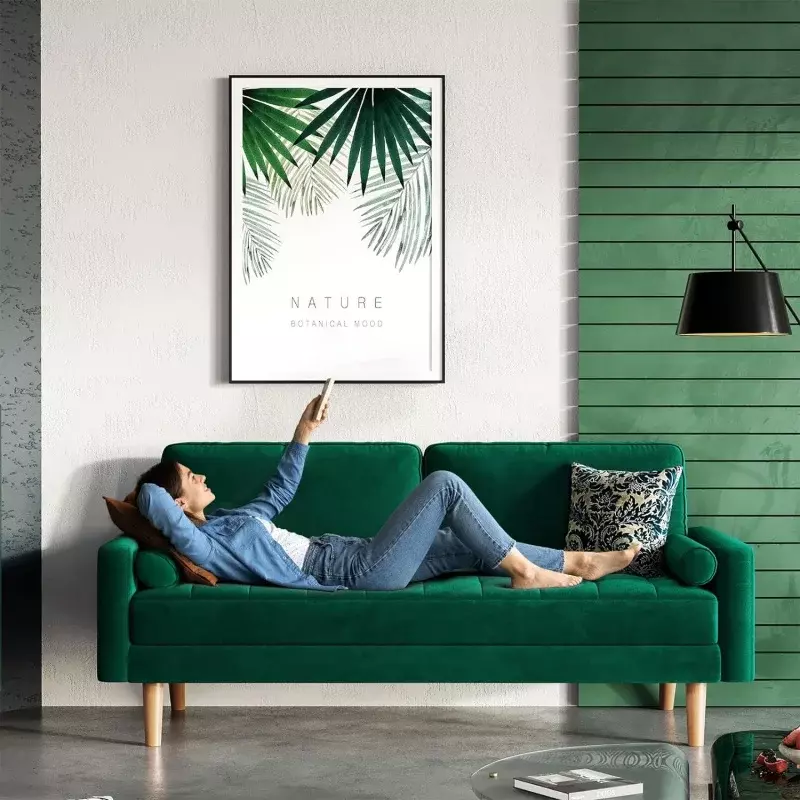 Lovesgantti-リビングルーム用のミッドセンチュリーモダンソファソファ、2つの枕付きの緑のソファ、3人掛け、70インチ