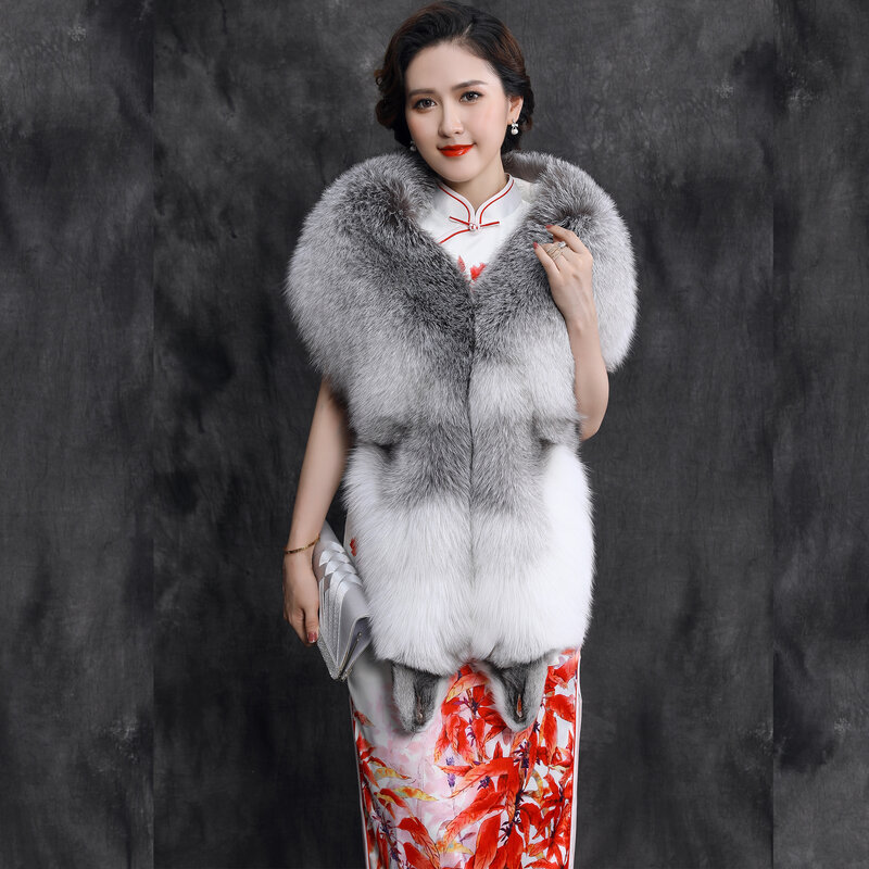 Genuine Fox Fur Shawl Fashion Evening Dress Fox Fur Scarf Women Luxury Big Fox Skin Warm Scarf Natural Raccoon Fur Stole