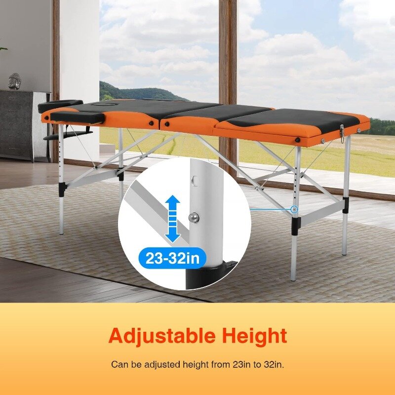 Mesa de masaje portátil de aluminio, cama de 3 pliegues, 84 pulgadas de altura ajustable, para tatuaje de salón Facial, con funda de transporte para cuna Facial