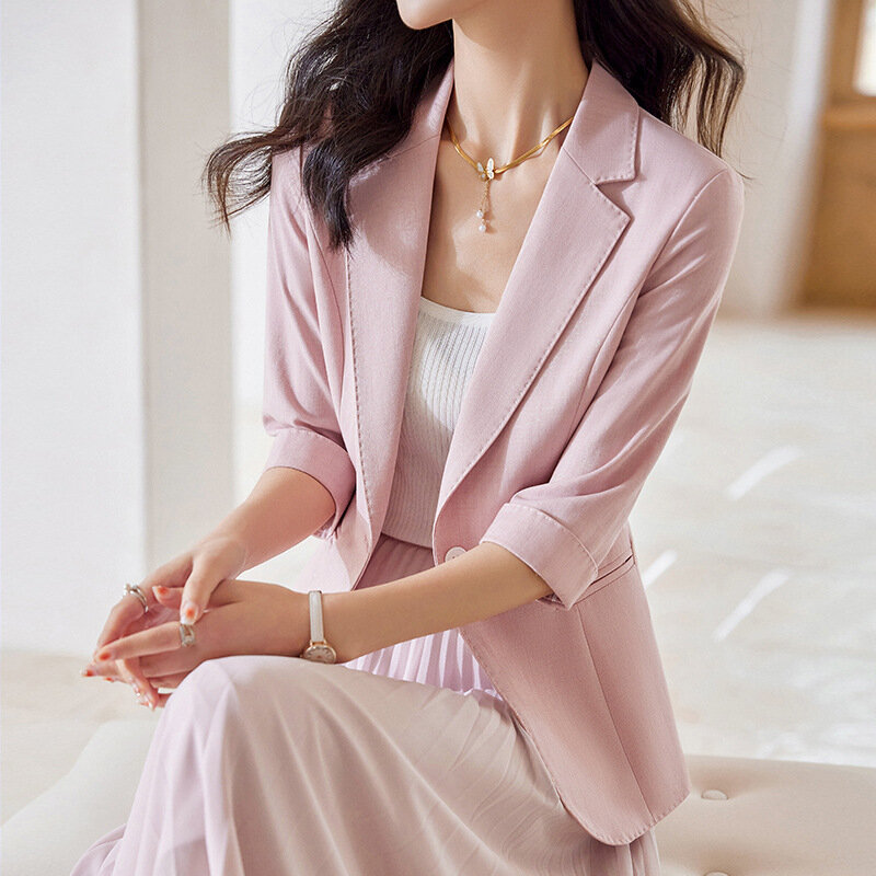 HOO 2024 여성용 핑크 블레이저, 중간 소매 얇은 블레이저, 여름 신상 패션