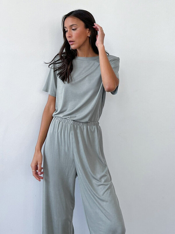 Marthaqiqi Gray Ladies Nightgowns 2 Piece Suit O-Neck Sleepwear Half Sleeve Pajamas Wide Leg Pants Casual Home Clothes For Women