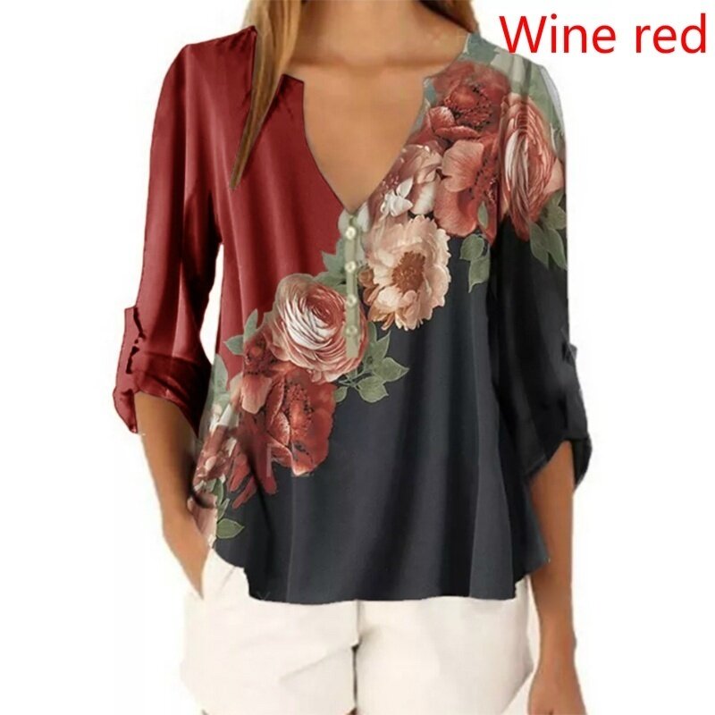 2023 Summer Women Clothing XS-5XL Women Fashion Casual Loose T-hirt Floral Print Front 3/4 Sleeve Tops V-Neck Pullover Shirts