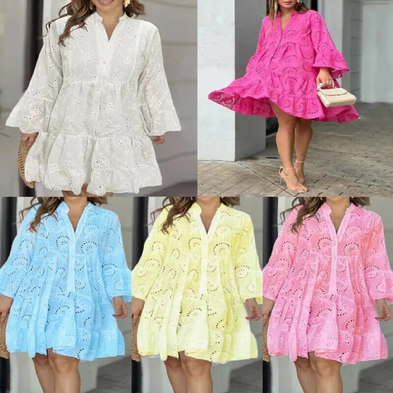 Women's Casual Loose V Neck Ruffle Sleeve 3/4 Sleeve With Button Hollow Out Elegant Dresses Polyester