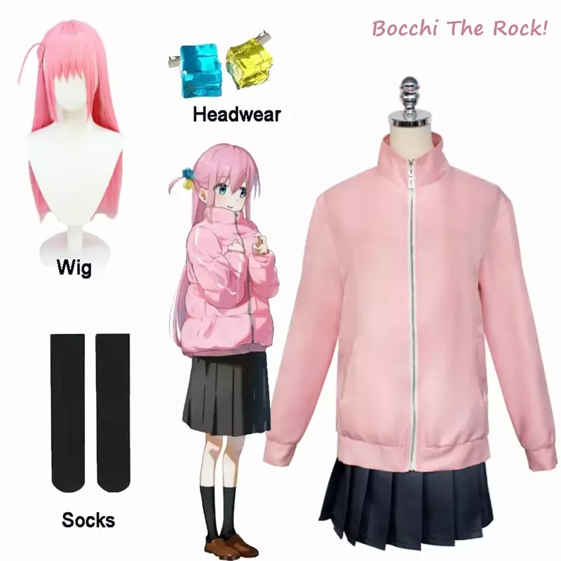 Bocchi The Rock Gotou Hitori Cosplay Costume, Gotou Hitori, JK Uniform, Rose, Veste, Jupe, Perruque trempée, Anime Cosplay