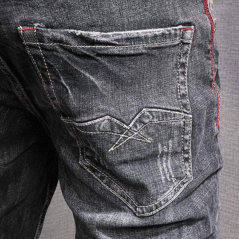 Streetwear Jeans Pria Fashion Retro Hitam Abu-abu Elastis Jeans Ramping Pria Desainer Antik Celana Denim Melar Kasual Hombre