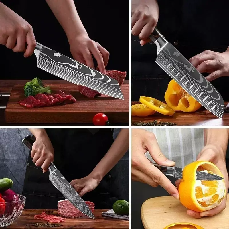 Set di coltelli da cucina 1-10 pezzi Set di coltelli da cucina in acciaio inossidabile 7 cr17 440C Laser damasco giapponese Santoku mannaia affettare Utility Chef Knife