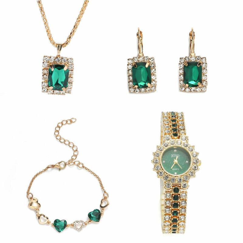 Luxury Watch Women Ring Necklace Earring Rhinestone Fashion Wristwatch Casual Ladies Bracelet Quartz Watches Jewelry Set Clock