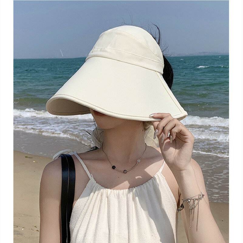 หมวกปานามาหางม้าพับได้สำหรับผู้หญิง, หมวกหน้าร้อนปีกกว้างกันแดดหมวกทรงจีบขอบชายหาดพลังงานแสงอาทิตย์