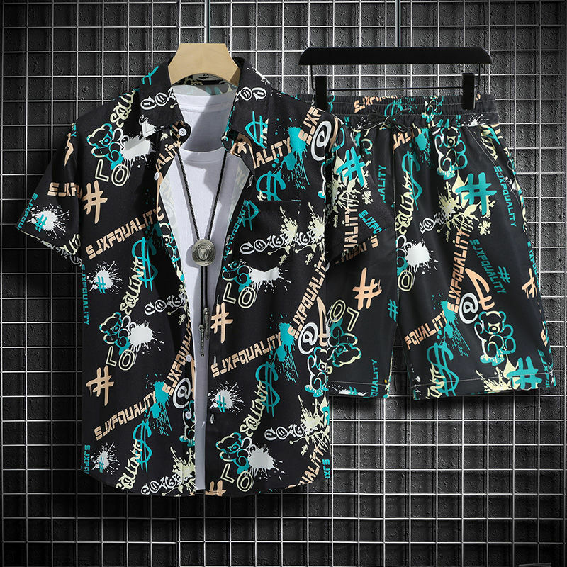 Conjunto de playa Hawaiano para hombre, camisa Floral de manga corta + traje de pantalones cortos de seda de hielo, Verano