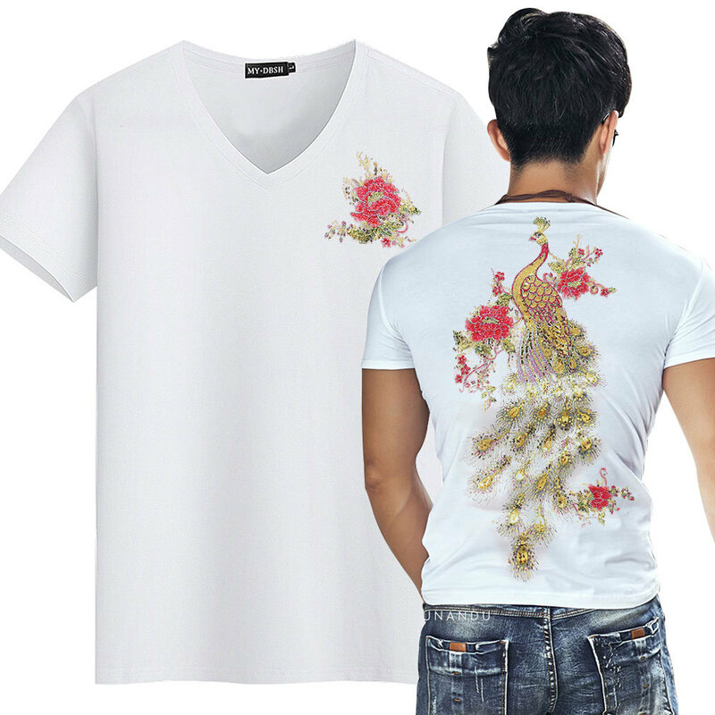 Camiseta pavão de diamante masculina, camiseta hip-hop, gola V, strass, preta, verão, 2024