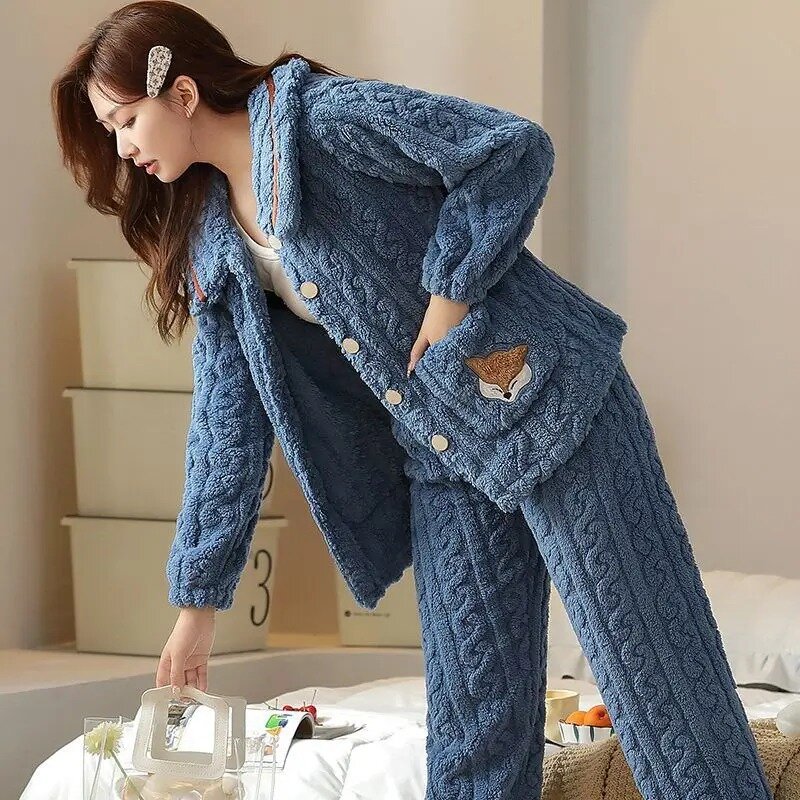 Pijama feminino espesso quente, roupa de noite feminina Coral Fleece, outwear flanela dos desenhos animados, conjunto casual Homewear, inverno, novo, 2 peças
