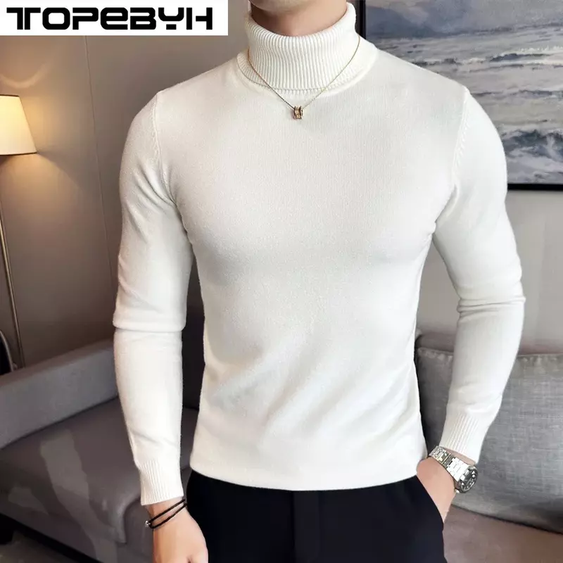 Suéter de malha de gola alta masculino, ajuste fino, pulôver de manga comprida, tops de cor sólida, roupas masculinas, inverno