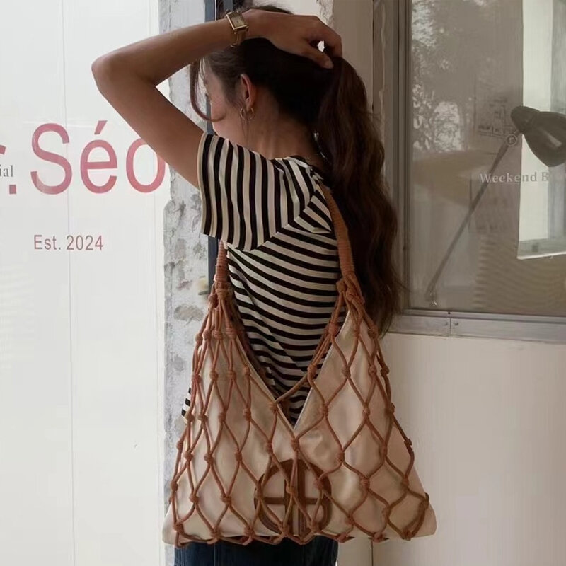 女性のための透かし彫りのニットバッグ,ビーチと休暇のネットバッグ,ナイロンコード,韓国のスターファッション,夏,新しいコレクション2024