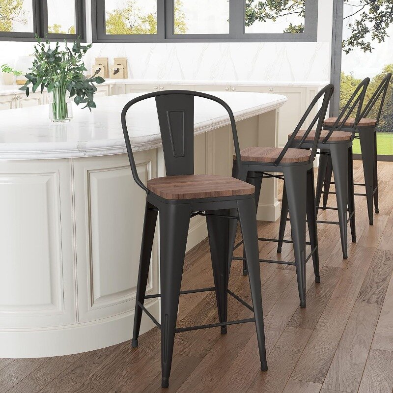Metal Bar Stools Set of 4, 24 inch Barstools Counter Height with Backs Farmhouse Bar Stools with Larger seat