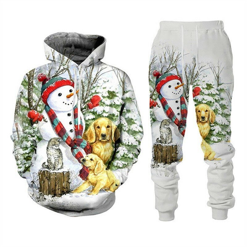 Europe and the United States fall and winter Christmas sweater pants suit 3D printing hooded suit Santa Claus