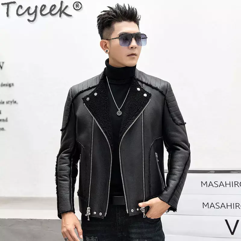 Tcyeek-abrigos gruesos de piel auténtica para hombre, chaqueta de motocicleta de piel de oveja Natural, ropa elegante para invierno, 2023