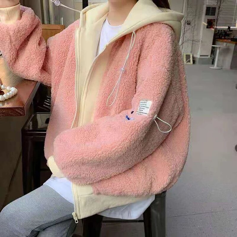 Женское пальто из овечьей шерсти, искусственная двухкомпонентная теплая плюшевая Свободная куртка, женское осенне-зимнее розовое толстое повседневное пальто с капюшоном на молнии, 2022