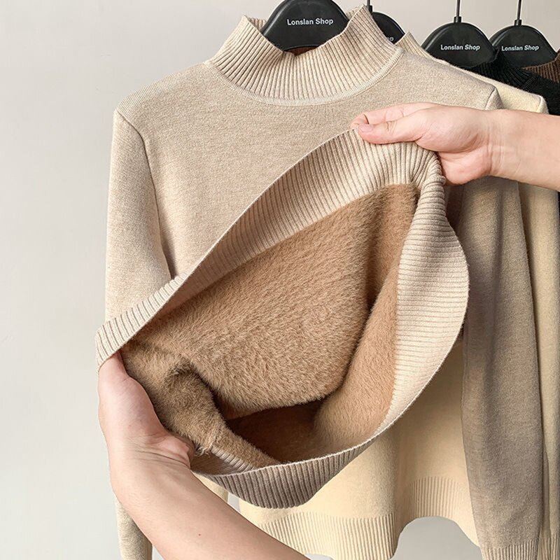 Sweater Turtleneck wanita, atasan gaya Korea rajut pullover rajut beludru tebal hangat musim dingin