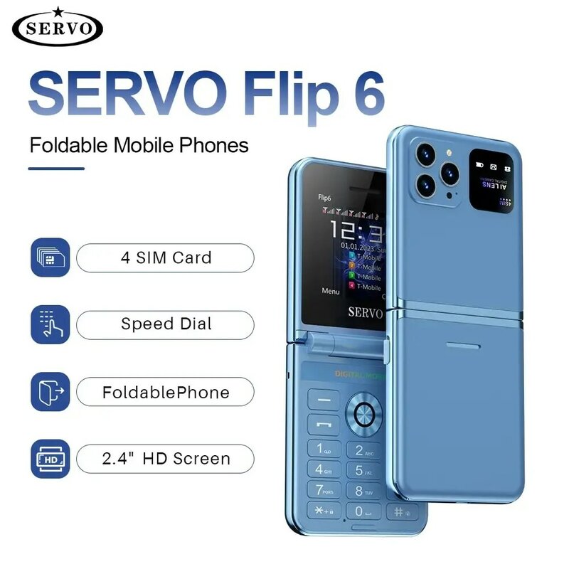 SERVO Flip6 접이식 휴대폰, GSM 네트워크 손전등, Mp3 스피드 다이얼, 푸시 단추 클램셸 폰, 클래식 색상, 4 SIM 카드, 신제품