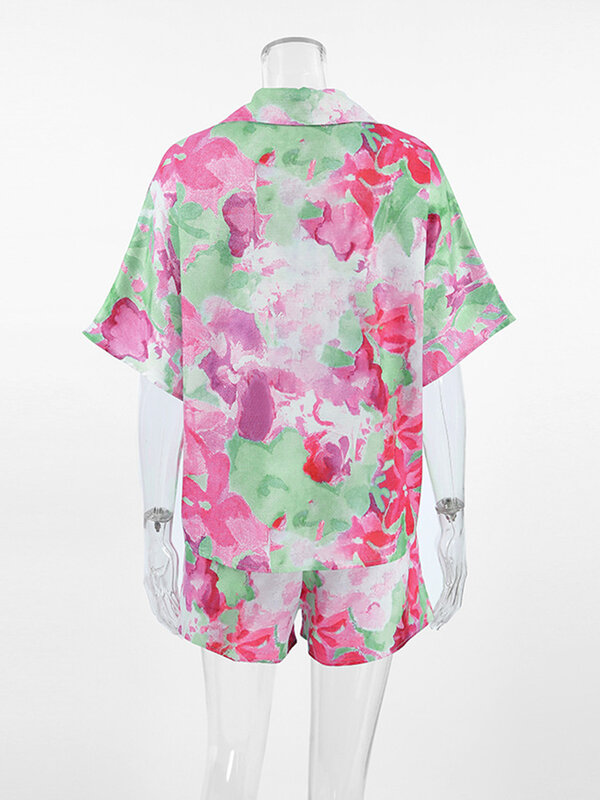 Mathqiqi-女性用プリントパジャマ,半袖ナイトウェア,セクシー,折り返し襟,カジュアルショーツ,2枚