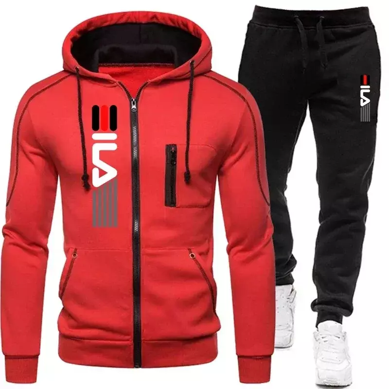 Men's zip-up jacket and hooded pants, sports jogging, outdoor fitness, spring and winter fashion, two-piece set