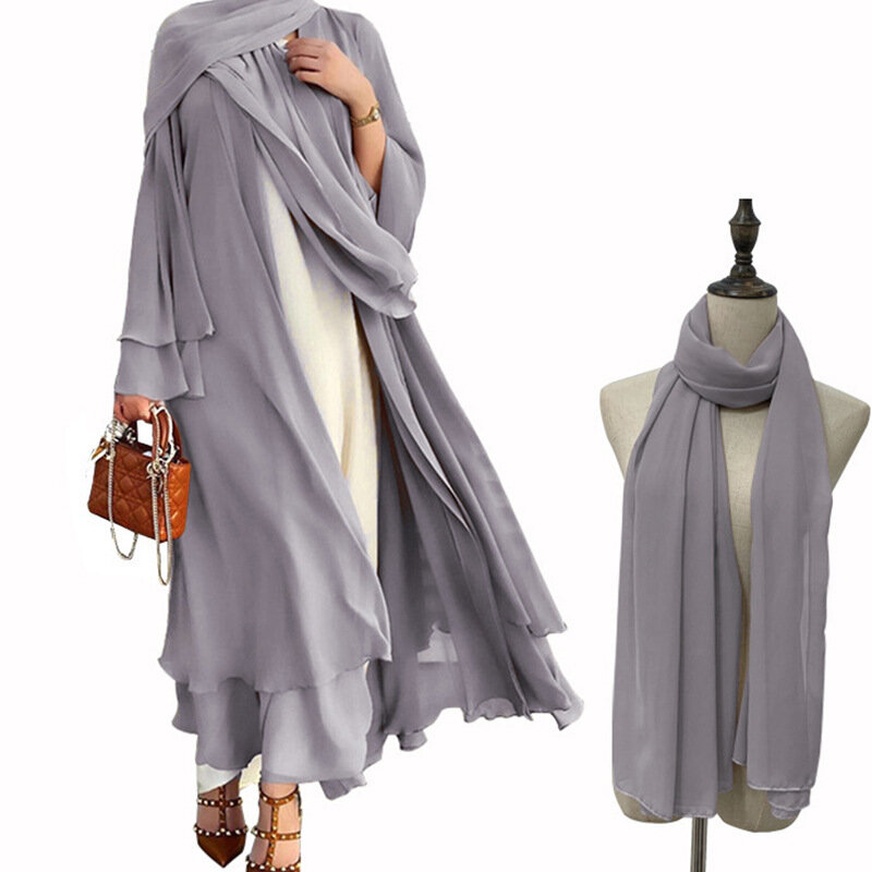 Vestido Abaya Muçulmano Conjunto com Hijab, Veste de Oração Islâmica, Frente Aberta Flowy Maxi Cardigan, Oriente Médio Abaya, 2 Pcs