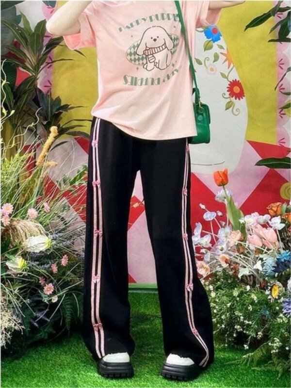 HOUZHOU Harajuku hitam bergaris celana olahraga wanita Y2k antik Jogger celana Baggy modis Korea celana Streetwear kasual musim semi
