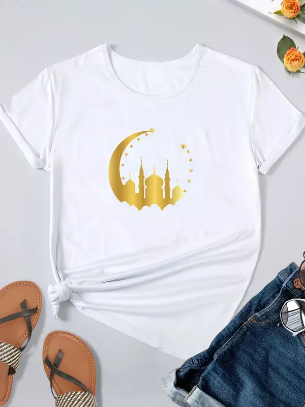 Top estampado Ramadan Kareem feminino, manga curta, gola redonda casual, camiseta solta, roupa de verão, novo, Y2k, 2024