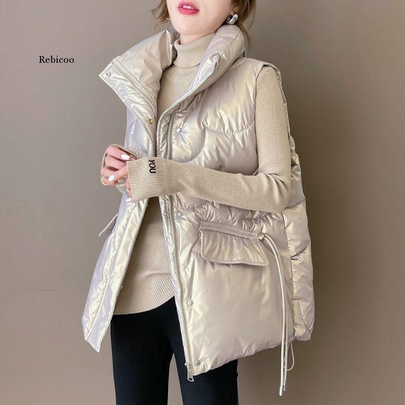 Mulheres gola 2022 novo curto brilhante cor algodão acolchoado jaqueta sem mangas feminino inverno colete