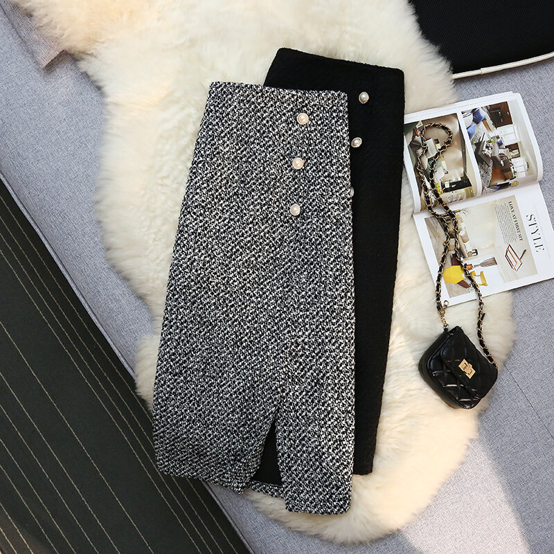 Wisher & Tong-faldas largas de cintura alta para mujer, Falda Midi elegante de Tweed Vintage, moda coreana, otoño e invierno, 2022