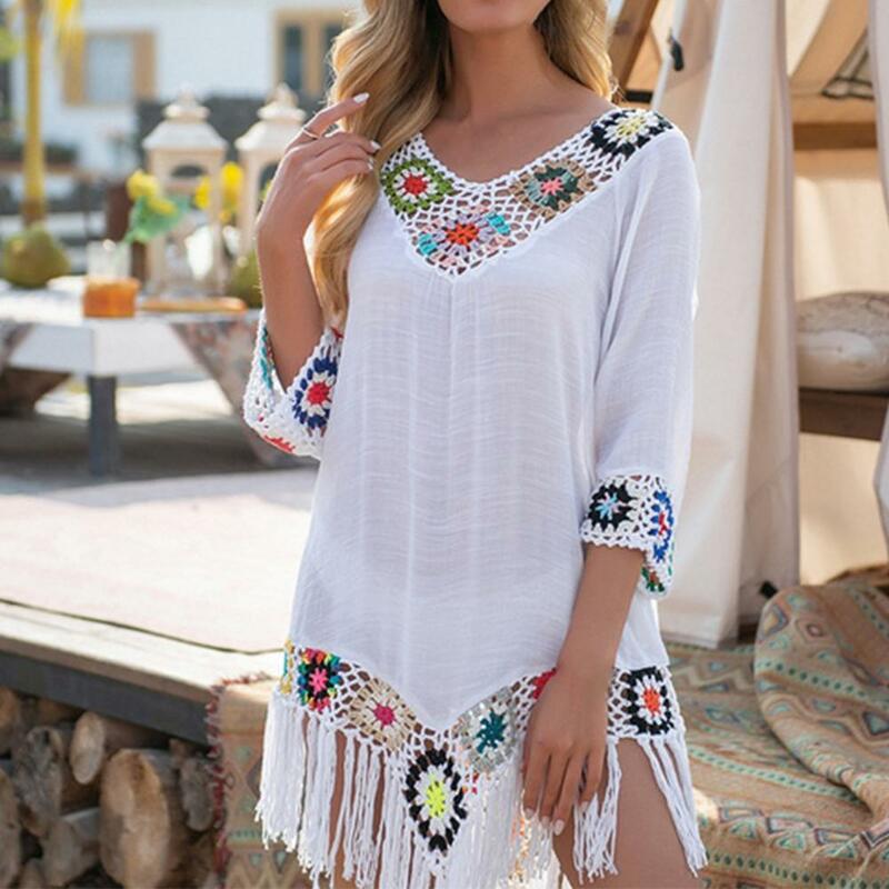 Attractive Bikini Tunic Female Swimsuit Cover Up Hollow Out Sexy Sun Protection Bikini Cover Up  V Neck