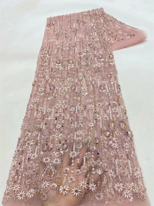 Тяжелая бисерная кружевная ткань ручной работы Новые бусины 3D Цветочная аппликация французская Тюлевая кружевная ткань для свадебного вечернего платья