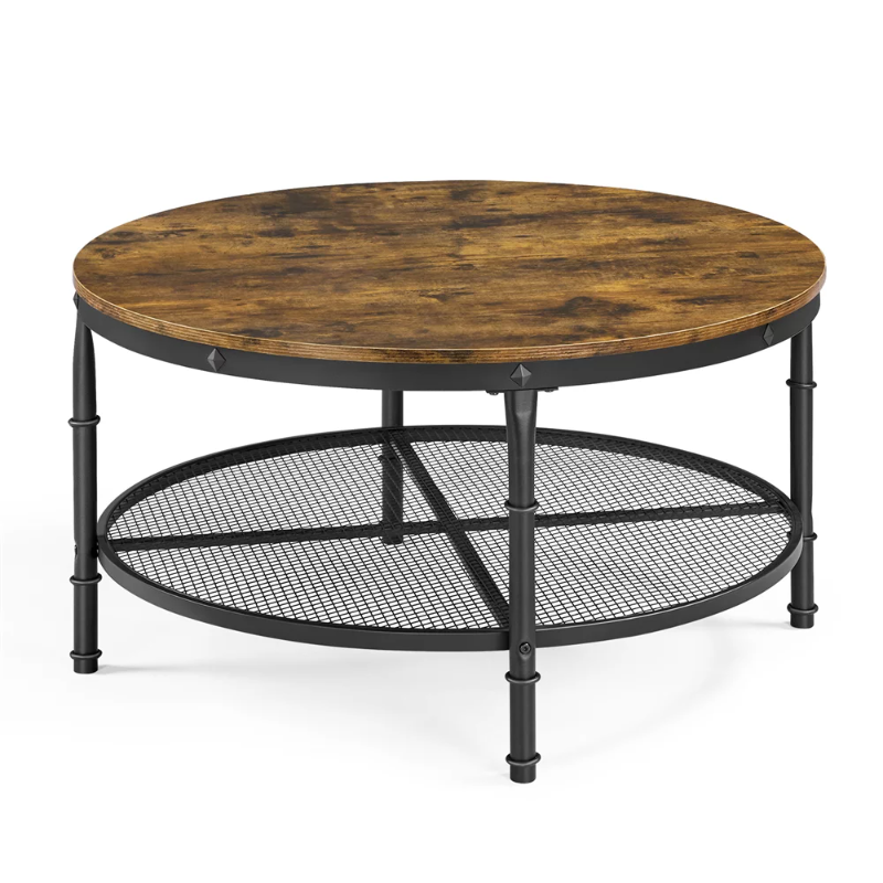 Tavolino rotondo moderno in metallo con ripiano, marrone rustico