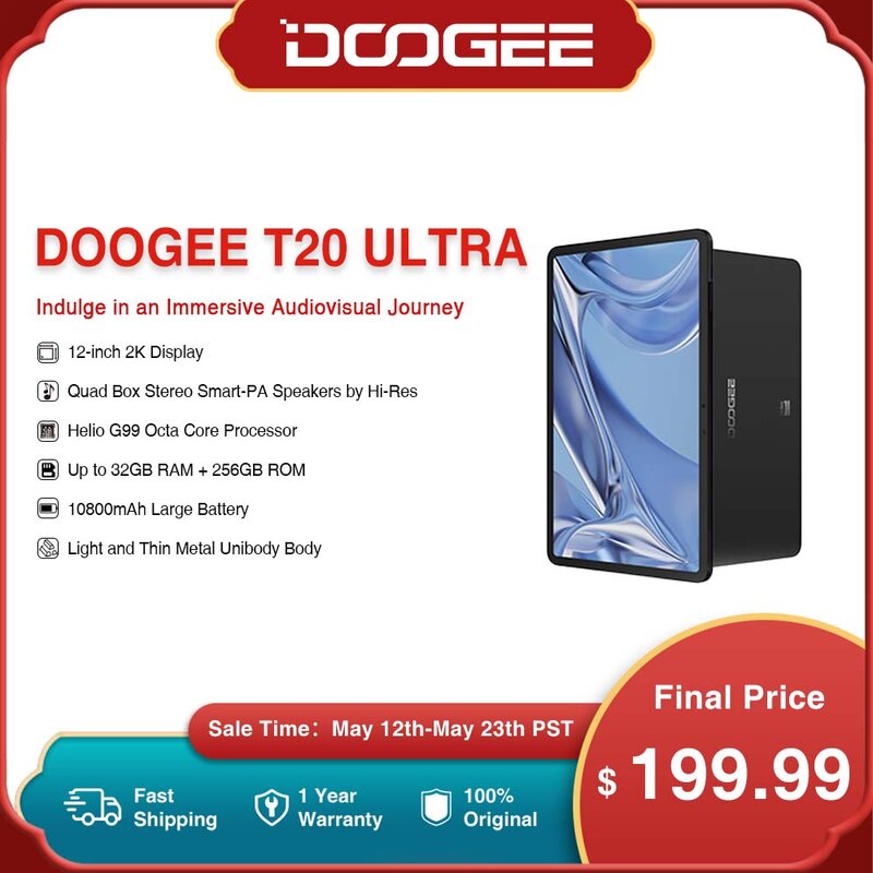 DOOGEE-T20 Ultra Tablet com alto-falantes estéreo, Android 13 Quad Box, 12 "2K Display, Helio G99, 12GB + 256GB, 10800mAh, 16MP Câmera Principal