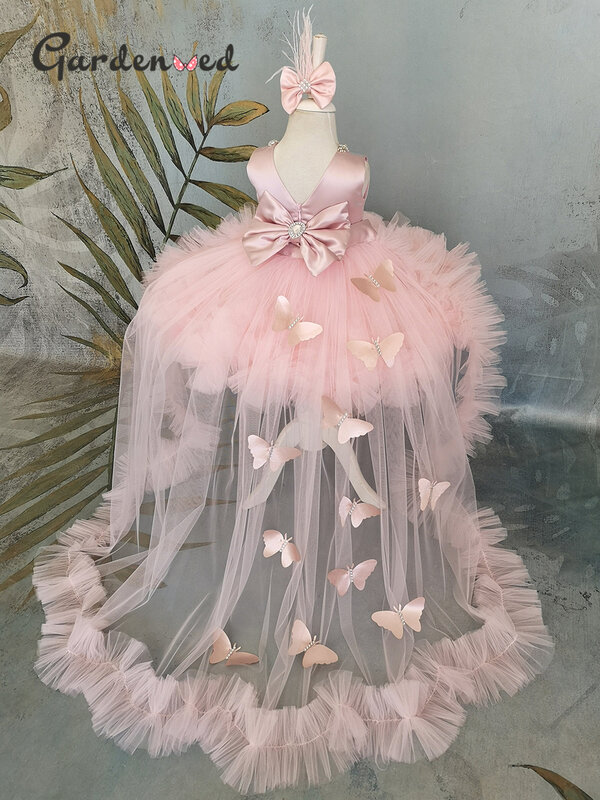 Vestido de niña hinchada, vestido de bebé rosa con tren, vestido de niña de flores con lazo, bonito vestido de cumpleaños para niño, primera comunión
