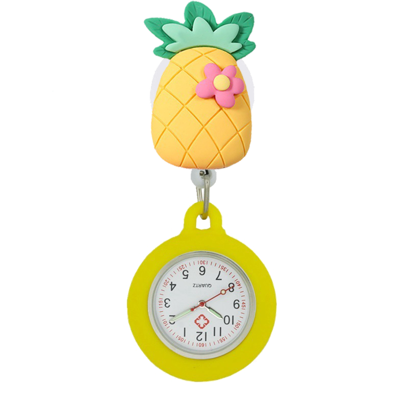 YIJIA szpital piękny owoce w stylu kreskówki chowany odznaka Reel kieszonkowy pielęgniarka zegarki z silikonowym etui i podświetlane wskazówki