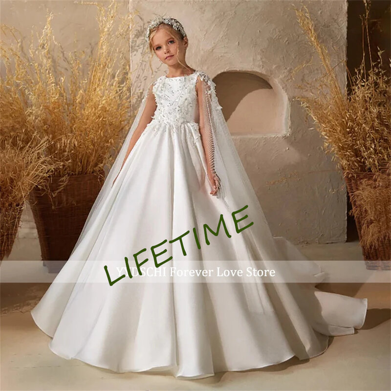 Luksusowa biała koronkowa aplikacja dziewczęca sukienka w kwiaty z peleryną 2024 o-dekoltem biała bez rękawów perłowe koraliki suknia pierwszej komunii