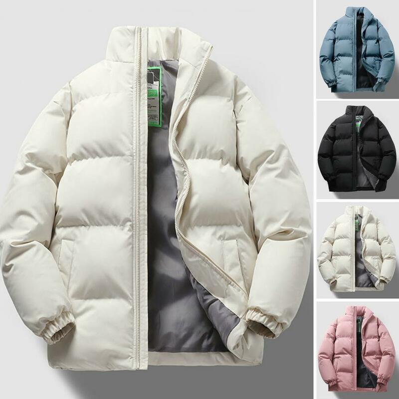 Jaket berlapis, mantel katun musim dingin dengan kerah berdiri penutupan ritsleting jaket luar ruangan tebal Unisex untuk perlindungan leher