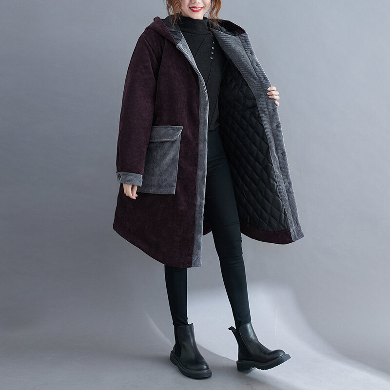 Вельветовое пальто в стиле ретро с большими карманами и капюшоном, хлопковое пальто, женская одежда 2022, осенне-зимние пальто, новые свободные пальто большого размера jp357