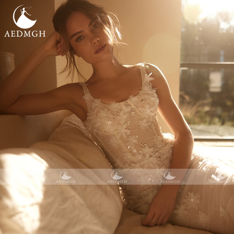Aedmgh-Sereia vestidos de casamento impressionantes, vestido recortado sem mangas, bordado em renda, flores 3D, 2020
