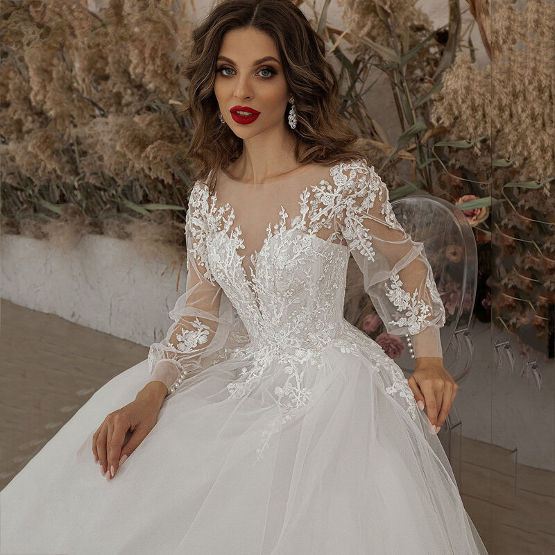 Exquisite Ivory Wedding Dresses Long Sleeve Appliques Lace 3D Flowers Modern Tulle Boho Bride Gown 2023 vestidos de novia Beach