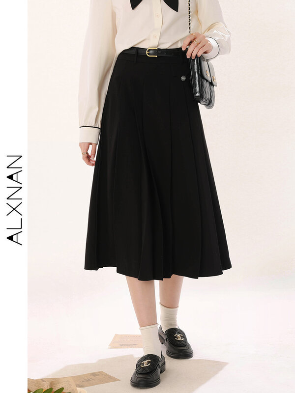 ALXNAN Fashion High Waist Midi Skirts for Women 2024 Summer Casual A-line Pleated Slim Long Solid Office Lady Skirts TM00227