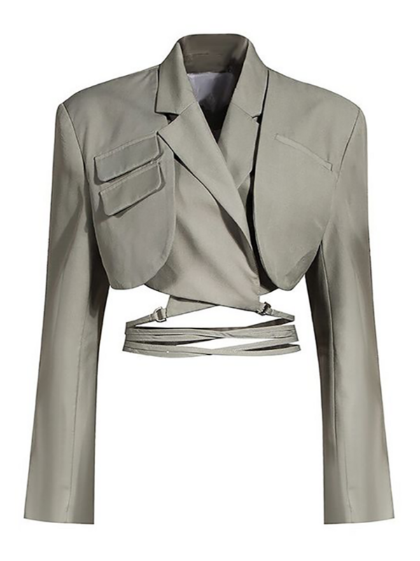 Articat-Blazer fino de dupla camada, manga comprida, bolso, jaqueta curta, outwear feminino, gola entalhada, tops cinzentos, novo, 2021