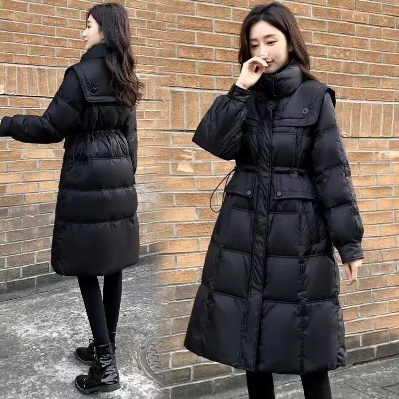 Пальто-парка новая Корейская пуховая куртка с хлопковой подкладкой женское длинное пальто с приемной талией и темно-синим воротником толстое теплое Женское пальто Джокер